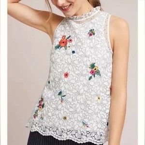 Anthropologie Maeve Macie Lace Top, White Floral Embroidered Crew Neck, Size 8